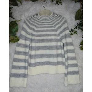 Marled Olivia Culpo | Women Sweater Gray Cream Stripes Silver Buttons Size M NWT
